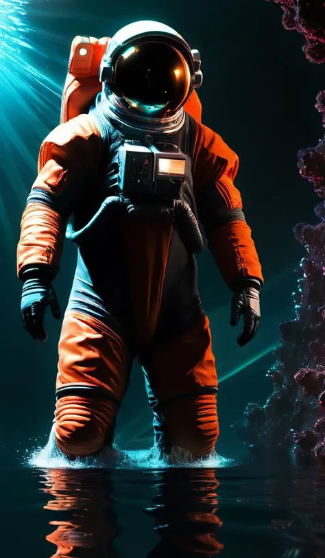 infrared concept art by craig mullins astronaut holds a black hole in his hands in futuristic dark and empty spaceship underwater. complex and hyperdetailed technical suit. mandelbulb fractal. reflection and dispersion materials. rays and dispersion of light. volumetric light. 5 0 mm, f / 3 2. noise film photo. flash photography. octane render. interstellar movie art,