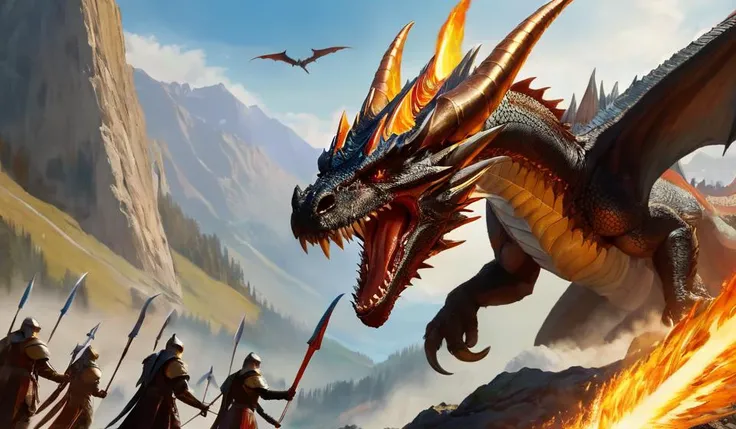 masterpiece, best quality, greg rutkowski, winged dragon, weapon, sword, breathing fire from mouth, fantasy, armor, holding weapon, holding sword, battle, scenery, mountain, outdoors, multiple people , very detailed, high resolution, sharp, sharp image, 4k, 8k,all races in same proportions, all faces and pictures must be different, use all spectre of your different emotions from happiness to anger, do what you want and how you want,