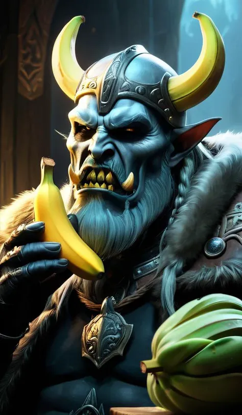 an undead viking lich king eating a banana, wide angle, super highly detailed, professional digital painting, artstation, concept art, smooth, sharp focus, no blur, no dof, extreme illustration, Unreal Engine 5, Photorealism, HD quality, 8k resolution, cinema 4d, 3D, beautiful, cinematic, art by artgerm and greg rutkowski and alphonse mucha and loish and WLOP
