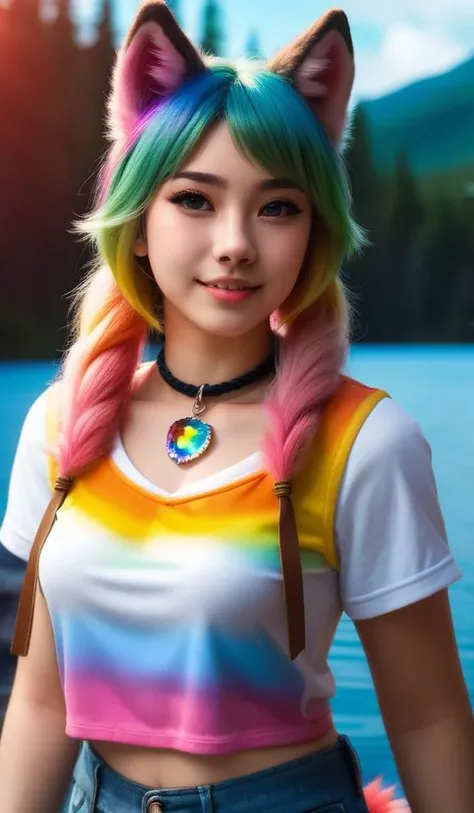 1girl, furry girl, anime furry women, ((best quality)), ((masterpiece)), ((realistic)), (detailed), portrait, close up, young female, RAW photo, uhd, dslr, rainbow hair, high quality, realistic, photo realistic, dreamlikeart, lens flare, upper body, looking at viewer, animal focus, furry, wolf fursuit, 1girl, cute, kawaii, lovely, fur, fur head, wolf head, narrow waist, wolf ears, chocker with rope, blush, paw, paw shoes, rainbow clothes, stunning gradient colors, no watermark signature, detailed background, woods, small lake with island, insanely detailed, ((masterpiece)), absurdres, HDR