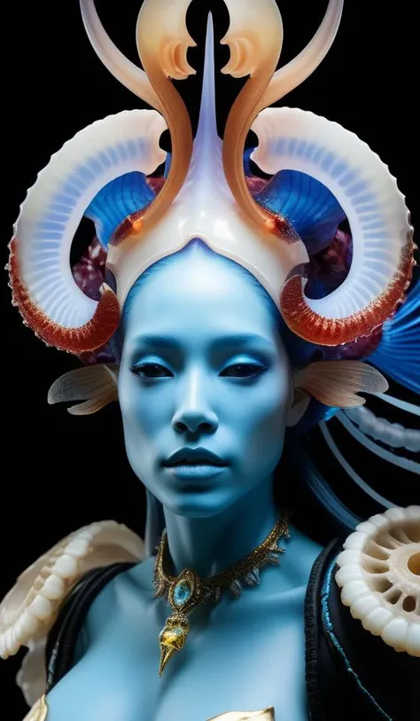 goddess macro shouler portrait from bottom to top in crown made of ram skull. betta fish, jellyfish phoenix, bioluminiscent, plasma, ice, water, wind, creature, super intricate ornaments artwork by tooth wu and wlop and shofff and greg rutkowski