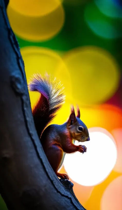 macro photo of a squirrel totally made of small pieces of colorful stained glass, sub scattering surface, translucent BREAK tree trunk, sunrise, bokeh,