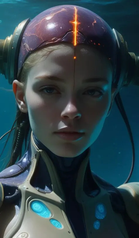 biblical cyborg girl, glowing veins subsurface scattering, deep sea of planet jupiter, underwater photography, by gerald brom, by mikhail vrubel, by peter elson, muted colors, extreme detail, trending on artstation, 8 k