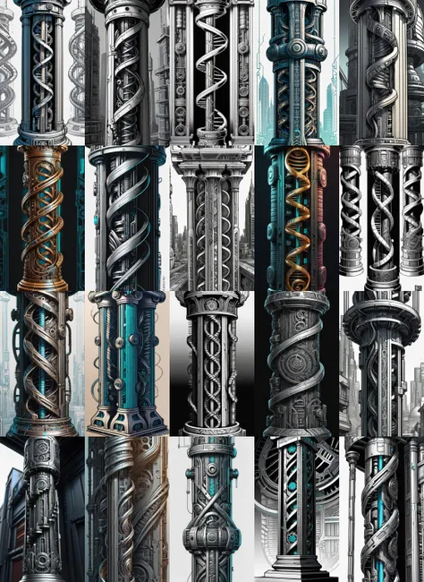 a double helix dna cyberpunk steampunk carved pillar, high details, lineart, by vincent di fate and joe fenton, inking, screen print, masterpiece, trending on artstation, sharp, high contrast, hyper - detailed,, hd, 4 k, 8 k