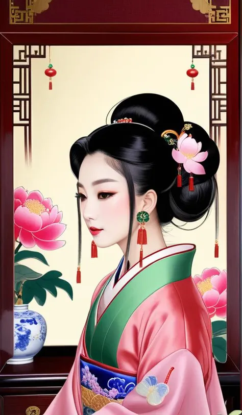 (sex:1.4),NSFW,(hanfu),no bra,no panties, redwood carved bed, mandarin ducks pattern, embroidered silk sheets, pink color, peonies, butterflies, brocade pillows, flower and bird patterns, luxurious brocade quilt, rich red color, gold-threaded phoenixes, cloud patterns, silk tassels, carved redwood wardrobe, plum, orchid, bamboo, chrysanthemum flowers, silk dresses, long gowns, skirts, jackets, cloaks, emerald green, peach pink, violet, redwood dressing table, mirror, metal border, pearls, gemstones, gold and silver earrings, jade bracelets, jadeite necklaces, hairpins, pearl-inlaid comb, powder boxes, rouge boxes, sachets, inkstone, brushes, ink sticks, paper, poetry collections, painting albums, peonies, hanging orchids, butterfly orchids, camellias, Chinese painting, landscape, embroidered tapestry, peaches of immortality, magpies, porcelain vases, lady portraits, jade ornaments, jade rabbits, jade Ruyi, palace lantern, flower and bird patterns, warm light.,gigantic breasts,(see-through:1.6)