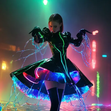 soft particles of fractal fire,volumetric lighting,(masterpiece, best quality),1girl,intricate details,8k,artstation,wallpaper,official art,splash art,sharp focus,dark atmosphere,black coat,black dress,white sleeves,sleeves past finger,sleeves past wrists,(cottagetore),(geometric:1.2),futurism,impressionist,detailed,majestic,breathtaking,(suggestive:1.3),(depressing:1.3),(cute:1.2),enticing,(irresistible:1.3),disturbing,fascinating,(magnetic:1.2),(green),latex clothing,suggestive position,latex costume,Depth of field,vivid color,rainbow bloody veins growing and intertwining out of the darkness,