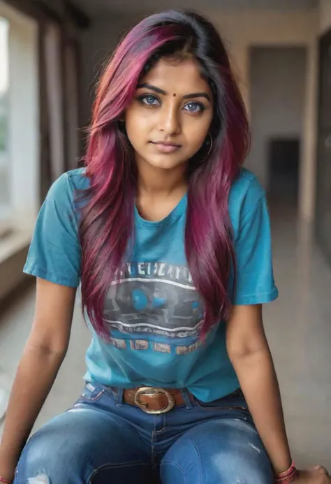 realistic indian girl, 23 years hold, with  realistic blue eyes, caramel leather, magenta hair, with jeans and t-shirt, 23 years old