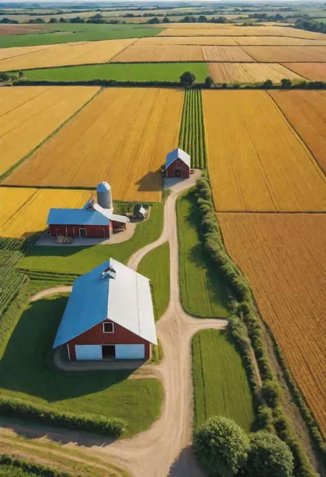 natural lighting, masterpiece, vibrant colour, sharp focus, beautiful scenery of farm, from the top, intricate detail, hyperrealism,