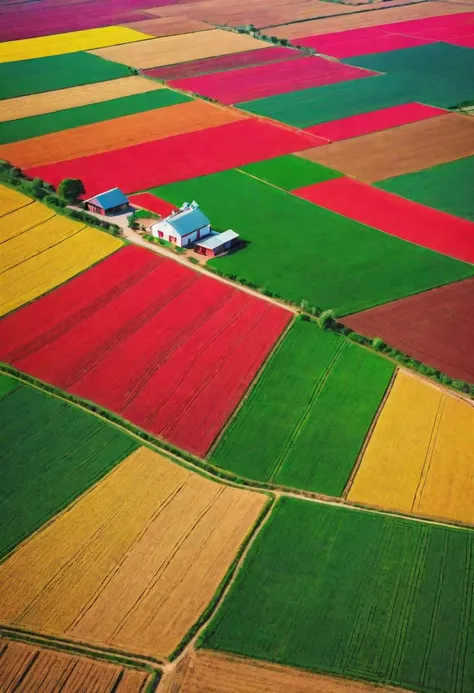 natural lighting, masterpiece, vibrant colour, sharp focus, beautiful scenery of farm, from the top, ultra detail,