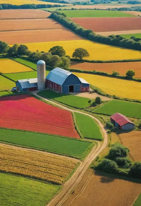 natural lighting, masterpiece, vibrant colour, sharp focus, beautiful scenery of farm, from the top, intricate detail, hyperrealism,