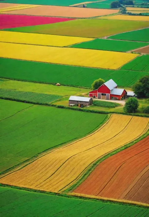 natural lighting, masterpiece, vibrant colour, sharp focus, beautiful scenery of farm, from the top, ultra detail,
