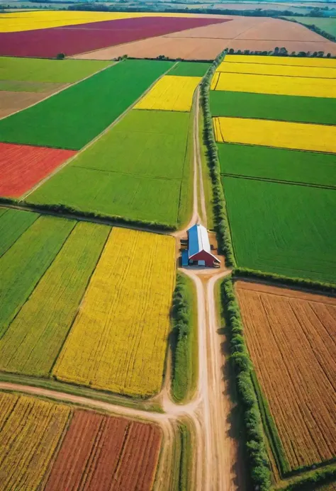 natural lighting, masterpiece, vibrant colour, sharp focus, beautiful scenery of farm, from the top, ultra detail,