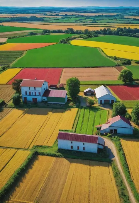 natural lighting, masterpiece, vibrant colour, sharp focus, beautiful scenery of farm, from the top, ultra detail,