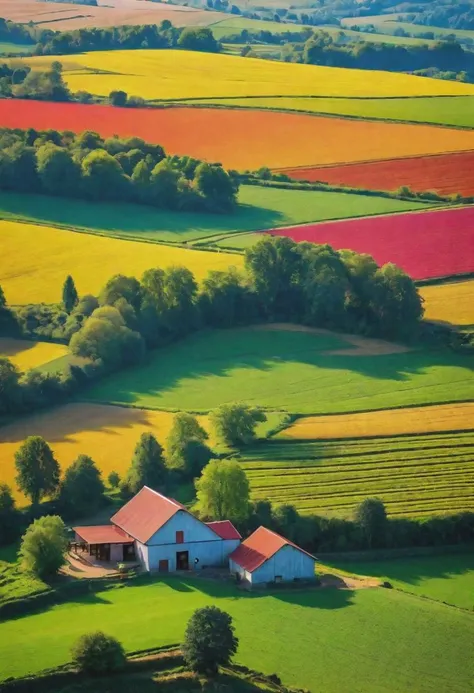 natural lighting, masterpiece, vibrant colour, sharp focus, beautiful scenery of farm, from the top, ultra detail,