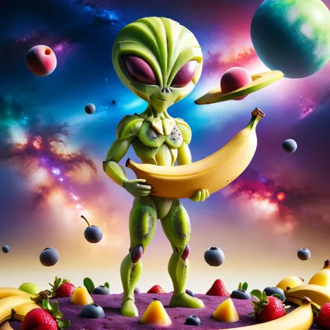 Alien with Apple with full moon in the background