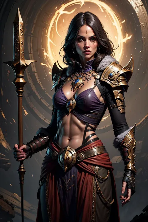 A 1female Sorceress standing in front, looking at viewer, Magician's staff in his hand, in the style of D14bl0 <lora:D14bl02(1)CIVIT:0.75>