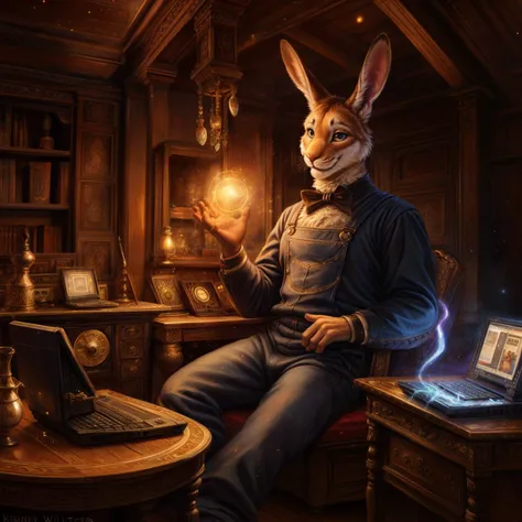 victorian theme, lagomorph, archmage rabbit, long ears, fancy clothing, overalls, smile, in a lavish victorian stage, vintage decoration, warm lighting, (magic:1.4), glow, light particles, (computer:1.2), by kenket, Tim Walker, John William Waterhouse