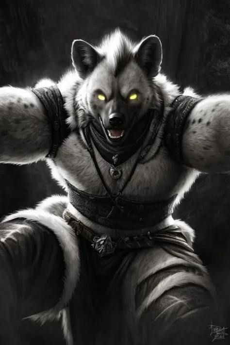 ASCIIASCIIGnoll, anthro, hyena, tall, furry, muscular, male, (((Black and white fur))) glowing white eyes, black irises, pinprick eyes, outdoors, in woods, dark lighting, buff, medieval, fantasy clothing, strong, fantasy setting, detailed face, detailed background, from below, hyena man leaning over you, POV perspective shot, devious smile, narrowed eyes, looking at viewer, (huge muscles), huge biceps, wide grin, armor, open mouth, medieval setting, detailed eyes, hires, photorealistic, realistic lighting, dark, at night, warm tone, black tunic, (((glowing white eyes))), clothed,