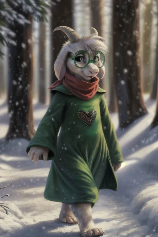 uploaded on e621, ((by Harriet Backer, by S1M, by The Giant Hamster, by Reylia Slaby, by Sabretoothed Ermine, by Supplesee)), ((detailed fluffy fur)), solo, , (goat), (((white fur))), (red scarf, green robe, green glasses), ((Ralsei)), white hair, cartoon, anthro, (soft shading), 4k, hi res, five fingers, paws, detailed hands, ((detailed face)), (((face portrait))), walking, (detailed background, snow, forest, winter, depth of field, half body shadow, sunlight, ambient light on the body), (masterpiece, best quality, ultra realistic, 4k, 2k, (intricate:0.9), (high detail:1.4), film photography, (soft focus:1.2), RAW photo, photorealistic, analog style, subsurface scattering, photorealism, absurd res)