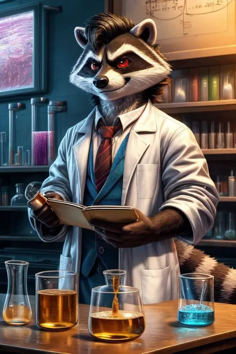 Barefoot furry character, full body, solo, furry male, vivid colors, cinematic.
Curious beefy raccoon teacher wearing a lab coat and safety goggles. This raccoon represents the evil embodiment of science as a school subject, depicting stereotypes and prejudices towards chemistry and physics teachers. Evil smile, red iris of eyes, side part hair style (longer black hair), arrogant, grumpy. He is surrounded by bubbling beakers and test tubes, Lab settings, background should include periodic tables, microscope slides, and model skeletons. Nice big feet paws.
BREAK, detailed background, 8K, (masterpiece:1.5), intricate details, highly detailed, extreme detail, octane render, Professional Photography, fine art, best quality, highres, (detailed face:1.5), ((full_body)), UHD, (((perfect hands))), low ligth:1.2
