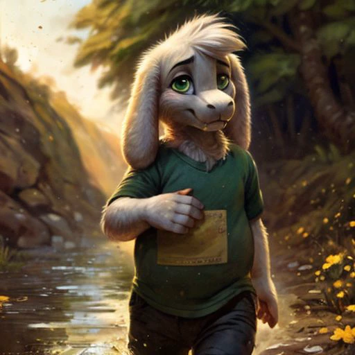 uploaded on e621, ((by Pixelsketcher, by Bayard Wu, by Thomas Benjamin Kennington, by Einshelm, by Sabretoothed Ermine, by geppei, by geppei5959, by moon cake, by Kenket, by Supplesee, by Joaqun Sorolla, by Harriet Backer, by S1M, by The Giant Hamster, by Reylia Slaby)), ((detailed fluffy fur)), solo, green cute eyes, (((:1.9))), (((white fur))), (black pants, green t-shirt, yellow stripes:1.3), ((Asriel)), white hair, cartoon, anthro, (soft shading), 4k, hi res, five fingers, paws, detailed hands, ((detailed face)), (((face portrait))), walking, (detailed background, depth of field, half body shadow, sunlight, ambient light on the body), (masterpiece, best quality, ultra realistic, 4k, 2k, (intricate:0.9), (high detail:1.1), film photography, (soft focus:1.2), RAW photo, photorealistic, analog style, subsurface scattering, photorealism, absurd res)