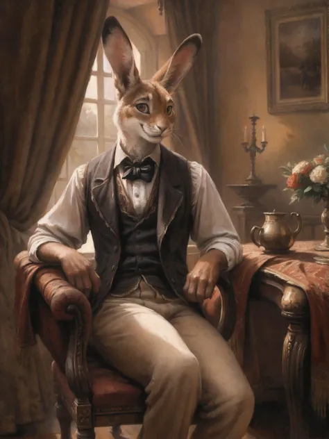 victorian theme, lagomorph, muscular rabbit, fancy vest, clothing, smile, in a lavish victorian room, vintage decoration, warm lighting, by kenket, Tim Walker, John William Waterhouse