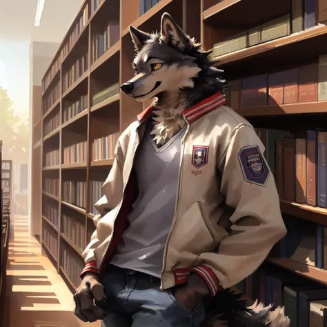 male, (kemono), anthro, furry, wolf, black fur, college letterman jacket, jeans, (scene: university library, day time), EasyMasterpiece, (by kenket)(by Pino Daeni), ((solo portrait))