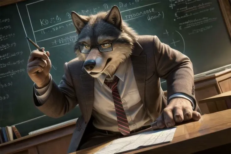 Digital detailed pixar furry portrait, barefoot furry character, full body, solo, male focus
 a grumpy gray wolf with a thick fur coat, sharp amber eyes, and a stern expression, wearing a tweed jacket and wire-rimmed glasses. This wolf represents the evil embodiment of mathematics as a school subject, depicting stereotypes and prejudices towards mathematics teachers, The background should include a chalkboard covered in equations and geometric shapes, with protractors, rulers, and calculators scattered on a desk.
nice big feet paws BREAK, hi res, detailed background, 8k, sharped image, masterpiece, (wide dynamic range,  dynamic angles and pose:1.2) Realistic, Photorealistic, (masterpiece:1.5), concept art, intricate details, highly detailed, photorealistic, octane render, 8k, unreal engine, dynamic pose, best quality, highres, (realistic face:1.1), (hyperrealistic:1.1), ((full_body)), perfect eyes, (((perfect hands))),((dynamic background)),