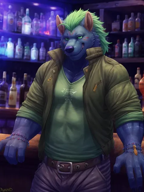 nyarlat(tas), muscular male focus, red marks in face, green eyes, long glistening green hair, mystic hands, pants, belt, t-shirt, jacket, slightly chubby, mystic tail, looking at viewer, smile, bar, by wolfy-nail, by dimwitdog, Ruan Jia, by drmax, realistic, photorealistic, 3d, 4k <lora:nyarlathotep-07:1>