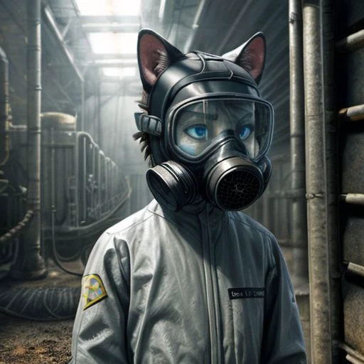 A cute humanoid black cat with blue eyes, short hair, pointy cat ears, a gas mask on his face, dressed in a chemical protection suit, surrounded by a toxic environment in a chemical factory. Ultra realistic photo. Oppressive atmosphere. Unix 5000 Gas Mask Model