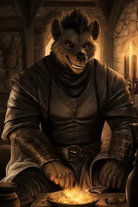 ASCIIGnoll, black and white fur, black Mohawk, hyena, anthro, tall, furry, muscular, broad shoulders, bulky, buff, medieval, tunic, sitting down, sitting in chair, devious smile, mature, ((black leather tunic)) ((white clothing accents)), puffy sleeves, leather belt, fantasy clothing, fantasy setting, in medieval inn, detailed face, indoors, candlelit, detailed background, medieval setting, DND, (white eyes with black sclera), detailed eyes, closed mouth, evil, formal, hires, photorealistic, realistic lighting, dark, at night, glowing fire, firelight, orange and yellow hues, warm tone,
