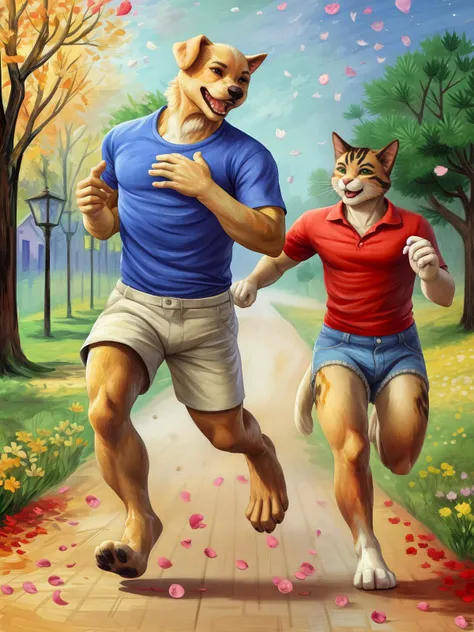Leonid Afremov, vangogh, duo, romantic couple, happy, clothed, running, grass, flower, flower petals, road ADDCOMM male golden retriever, shirt, shorts ADDCOL male cat, shirt, shorts
