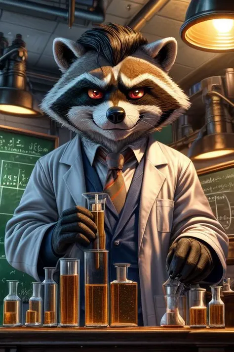 Barefoot furry character, full body, solo, furry male, vivid colors, cinematic.
Curious beefy raccoon teacher wearing a lab coat and safety goggles. This raccoon represents the evil embodiment of science as a school subject, depicting stereotypes and prejudices towards chemistry and physics teachers. Evil smile, red iris of eyes, side part hair style (longer black hair), arrogant, grumpy. He is surrounded by bubbling beakers and test tubes, Lab settings, background should include periodic tables, microscope slides, and model skeletons. Nice big feet paws.
BREAK, detailed background, 8K, (masterpiece:1.5), intricate details, highly detailed, extreme detail, octane render, Professional Photography, fine art, best quality, highres, (detailed face:1.5), ((full_body)), UHD, (((perfect hands))), low ligth:1.2