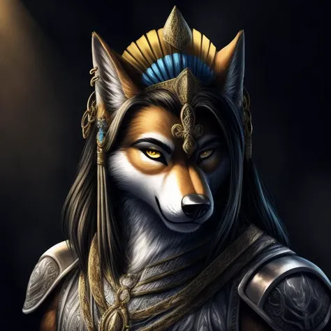 dark theme, portrait, rim lighting, male wolf, detailed face, hair ornament, headdress, yellow eyes BREAK ear ring piercing, wearing detailed intricate silver armor <lora:nLoRA:unet=0.4@0.35,1@0.5,0.45@0.6,1@1> <lora:Furtastic_Detailer:1>