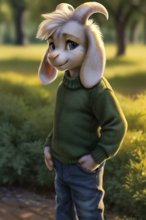 uploaded on e621, ((by The Giant Hamster, by Reylia Slaby, by Sabretoothed Ermine, by Supplesee)), ((detailed fluffy fur)), solo, (((kid, :1.9))), (goat), (((white fur))), (black pants, green sweater, yellow stripes), ((Asriel)), white hair, cartoon, anthro, (soft shading), 4k, hi res, five fingers, paws, detailed hands, ((detailed face)), (((face portrait))), walking, (detailed background, depth of field, half body shadow, sunlight, ambient light on the body), (masterpiece, best quality, ultra realistic, 4k, 2k, (intricate:0.9), (high detail:1.4), film photography, (soft focus:1.2), RAW photo, photorealistic, analog style, subsurface scattering, photorealism, absurd res)