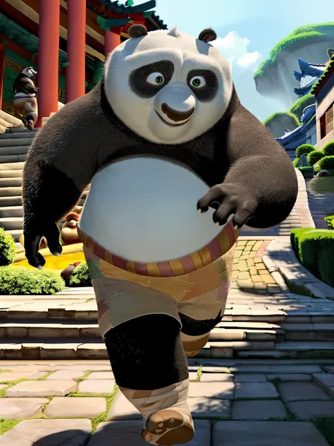 (kfp_po:1.2), giant panda, chubby, male, two-tone fur, shirtless, panda, body fur, head tuft, green eyes, belt, brown shorts, seam \(sewing\), patch \(fabric\), ragged shorts, happy, pawpads, claws, foot wraps, outdoors, running, road, houses, east asian architecture background, masterpiece, highly detailed <lora:lorakfppov2-10:1>
