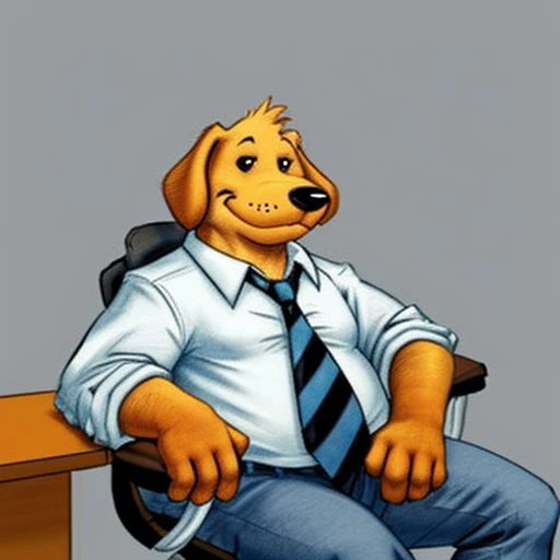 Solo male, sam, dog, tall, stocky body, slightly chubby, mature, floppy ears, black eyes, brown fur, open shirt, unbuttoned shirt, white collared shirt, rolled up sleeves, shoulder holster, blue grey pants, blue and black striped necktie, loose necktie, sitting in office chair, seductive