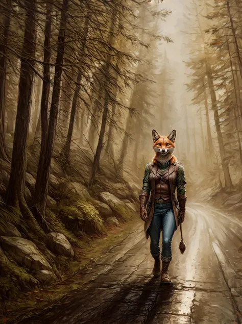 portrait, happy fox, clothed, walking, smile, road, woods, background Jean-Baptiste Monge, Dan Mumford, cinematic, 8k