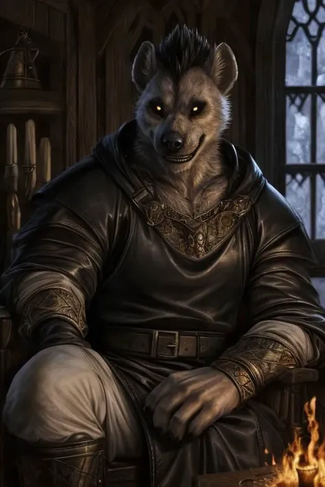 ASCIIGnoll, black and white fur, black Mohawk, hyena, anthro, tall, furry, muscular, broad shoulders, bulky, buff, medieval, tunic, sitting down, sitting in chair, devious smile, mature, ((black leather tunic)) ((white clothing accents)), puffy sleeves, leather belt, fantasy clothing, fantasy setting, in medieval inn, detailed face, indoors, candlelit, detailed background, medieval setting, DND, (white eyes with black sclera), detailed eyes, closed mouth, evil, formal, hires, photorealistic, realistic lighting, dark, at night, glowing fire, firelight, orange and yellow hues, warm tone,