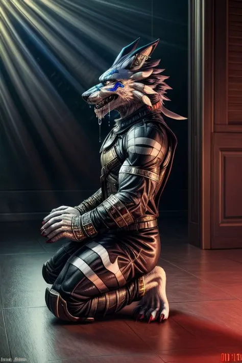 (((Barefoot furry character, full body, cinematic setting, furry male)))
Barefoot (hypnotised) WereGarurumon wears ((black ninja suit)), get down on one knee as if praying, detailed paws with claws, blue fur, in a trance, a look of weak resistance to hypnosis on his face, hand on head as if he has headache, (drooling), ((red glow in his eyes)), side view
BREAK, detailed background, 8K, (masterpiece:1.5), intricate details, highly detailed, extreme detail, octane render, tritone image, fine art, best quality, highres, (detailed face:1.5), ((full_body)), UHD, (((perfect hands)))
