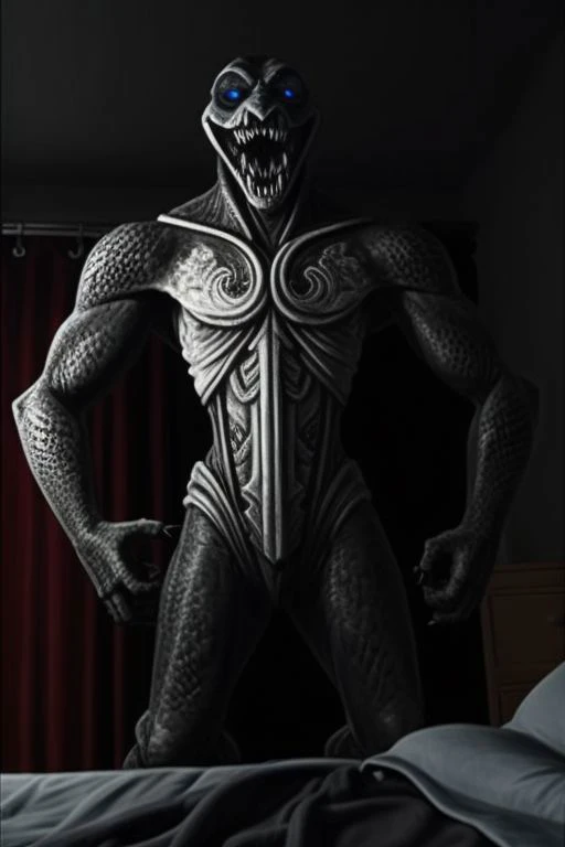 solo, dark bedroom, blue sclera, tall, smile, wide open mouth, dark room, no lights, male, socks, pure black skin, fpv, viewer on bed, contorted body, glowing white teeth, glowing bioluminescent mouth, wide figure, claws, looking down, from below, standing over viewer