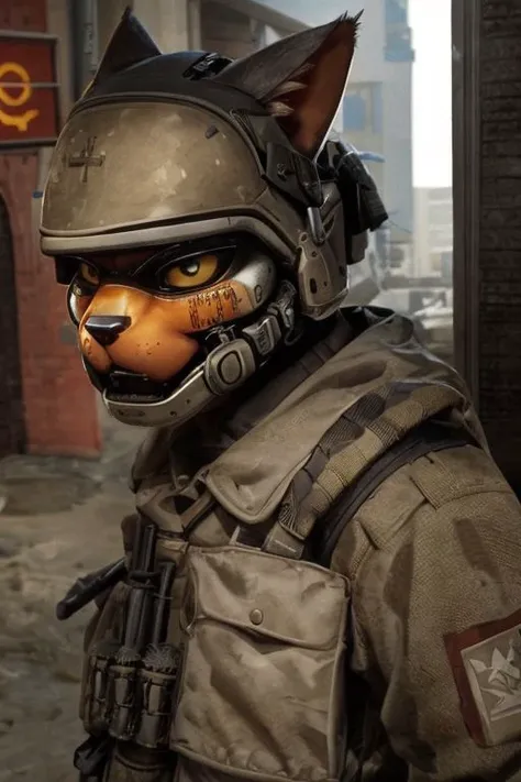 Anthro cat in military uniform, with a Kalashnikov assault rifle in his hands, takes aim at the target, looks through the sight, short fur, black hair, blood, trench, trench, earth, dirt, war, shooting, shootout. ultra realism, photographic graphics, high quality, soldart, attention to detail, (cat ears), black tail, without hope, firearms