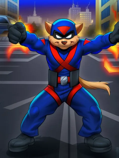male focus, razor, 1boy, full body, plump, five fingers, detailed hands, black gloves, finger claws, tail, hero clothes, hero outfit, helmet, mask, hero mask, solo, (action pose:1.3), cityscape, street, detailed background, plantigrade, cosplay, cartoon, 4k <lora:razor-09:1>