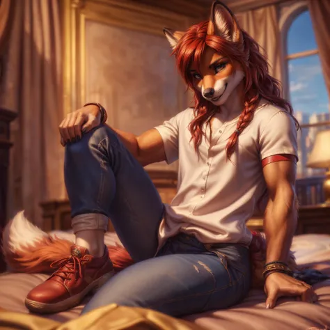 portrait, male fox, long red hair, detailed eyes, wearing white shirt, jeans, red shoes, finger claws, wristband, sitting on the bed, bedroom, high detailed, Peter Gric, by personalami, by tojo the thief, elegant, masterpiece, 4k, sharp focus, cinematic lighting, complex background