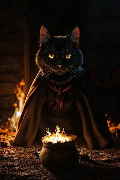 (Anthro cat shaman), black fur, pointed cat ears, old cotton cape, voodoo, cat voodoo, evil, dark, light from fire, no fire in the frame, evil, depressing atmosphere, high quality, 8k, ultra realism, photographic design, realism