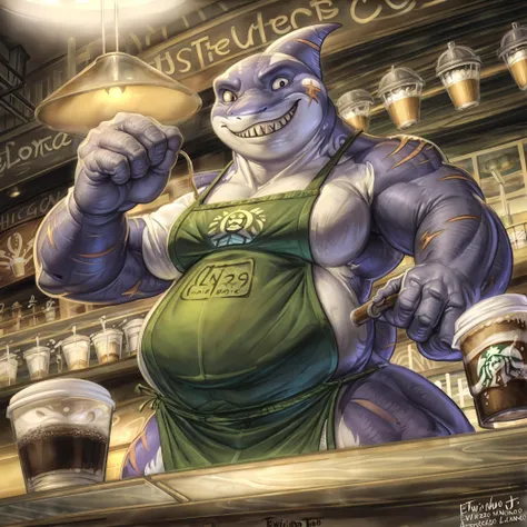 typhon(tas), shark, overweight male, coffee shop, barista, apron, Starbucks, solo focus, moobs, artificial lighting, raised eyebrow, grin, teeth, first person view, pov, from below,
BREAK,
(by Antonio J. Manzanedo, by Gerald Brom, by Edwin Landseer), detailed, conditional dnp, masterpiece, hi res, absurd res, shaded, soft shading, intricate, soft-focus lens,