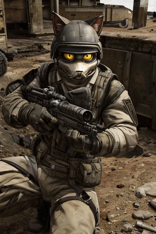 Anthro cat in military uniform, with a Kalashnikov assault rifle in his hands, takes aim at the target, looks through the sight, short fur, black hair, blood, trench, trench, earth, dirt, war, shooting, shootout. ultra realism, photographic graphics, high quality, soldart, attention to detail, (cat ears), black tail, without hope, firearms