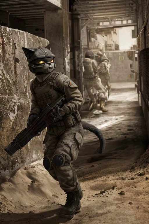 Anthro cat in military uniform, with a Kalashnikov assault rifle in his hands, takes aim at the target, looks through the sight, short fur, black hair, blood, trench, trench, earth, dirt, war, shooting, shootout. ultra realism, photographic graphics, high quality, soldart, attention to detail, (cat ears), black tail, without hope, firearms