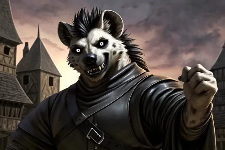 ASCIIGnoll, black and white fur, black Mohawk, hyena, anthro, tall, furry, muscular, broad shoulders, bulky, buff, medieval, tunic, shrugging, arms raised, amused, devious smile, mature, ((black leather tunic)) ((white clothing accents)), puffy sleeves, leather belt, fantasy clothing, fantasy setting, in medieval town, detailed face, detailed background, medieval setting, DND, (white eyes with black sclera), detailed eyes, closed mouth, evil, formal, hires, photorealistic, realistic lighting, dusk, sunset,