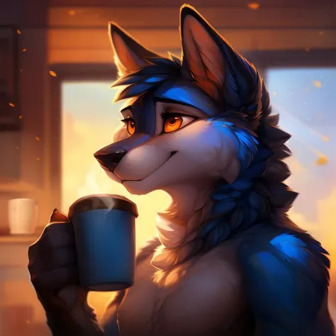 male, anthro, [blue|white] wolf, detailed body, detailed fur, orange eyes, drinking a cup of coffee at morning, god rays, ligh particles, highly detailed, by hioshiru, by einshelm